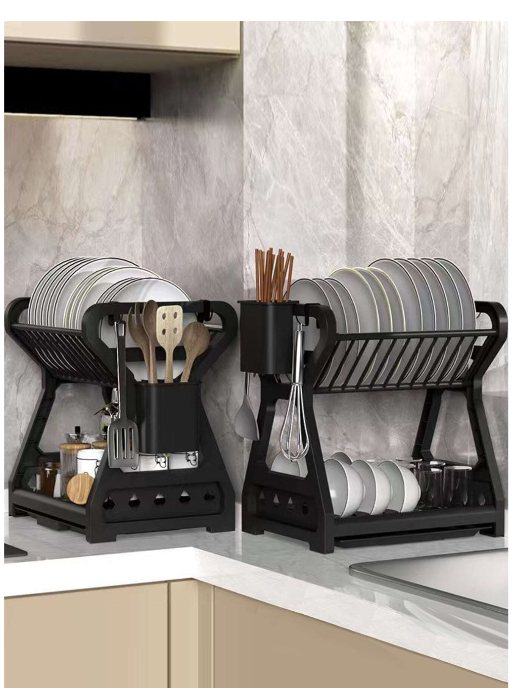 Black Magic Organizer: 1-Set Kitchen Counter Storage Rack with Water Draining Wizardry for Tableware and Bowls!