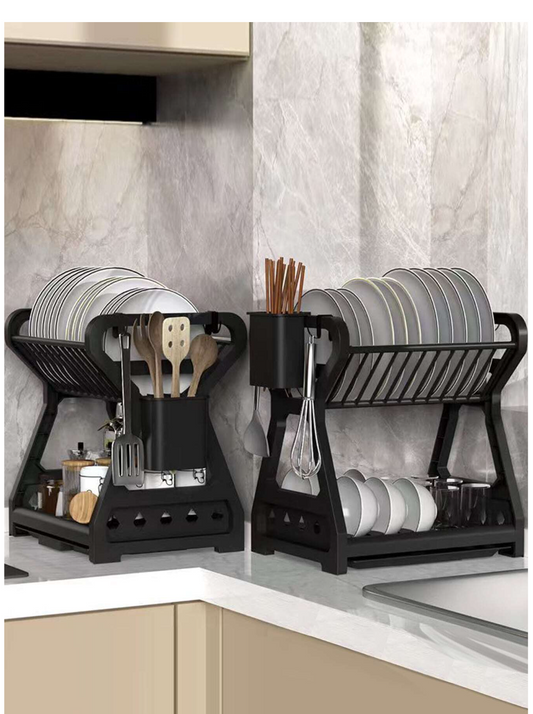 Black Magic Organizer: 1-Set Kitchen Counter Storage Rack with Water Draining Wizardry for Tableware and Bowls!