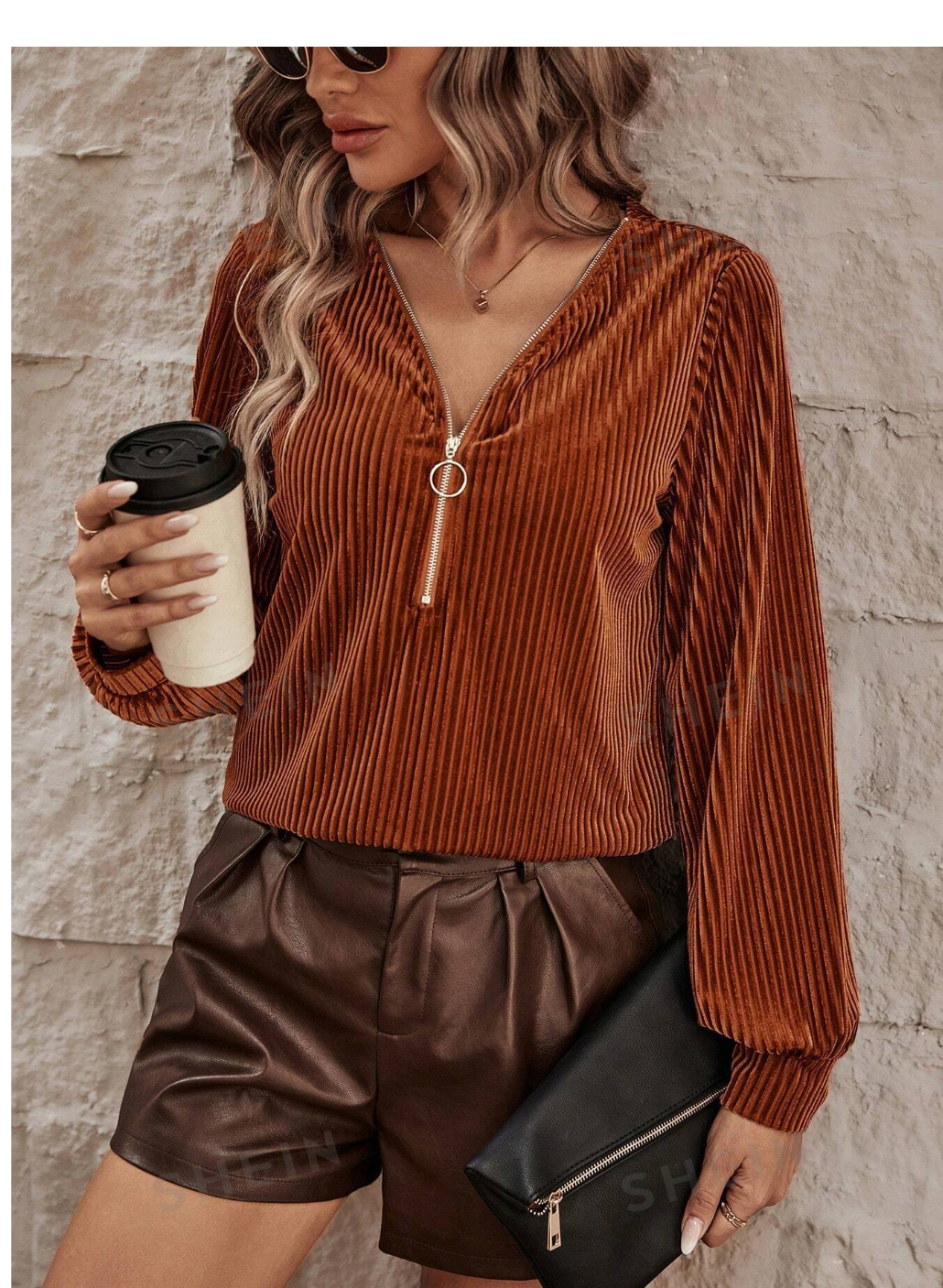 Luxe LUNE: Half Zip Velvet Blouse with Lantern Sleeves