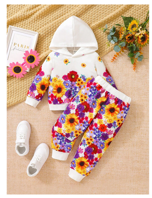 Blooming Babes: Colorful Flower Print Hoodie & Sweatpants Set for Fall & Winter.