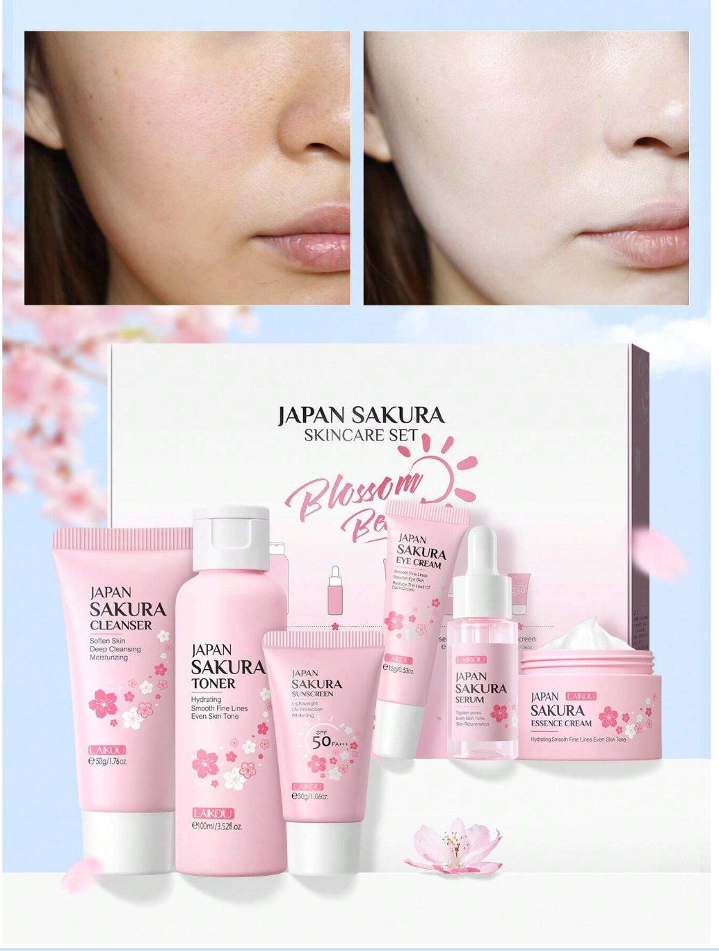 Blossom Beauty Delight: Luxurious Japanese Cherry Blossom Skincare Set of 6 - Unveil Radiant Skin with Essence, Cream, Cleanser, Eye Cream, Toner, and Sunscreen. The Ultimate Moisturizing, Nourishing, and Hydrating Gift for Valentine's Day and Christmas!