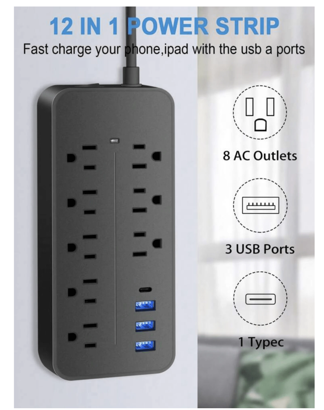 Power Up Your Space: 1pc Flat Plug Extension Cord with 8 Outlets, 3 USB Ports, and a 4ft Cord – Unleash 2000W of Convenience and 10A of Power!