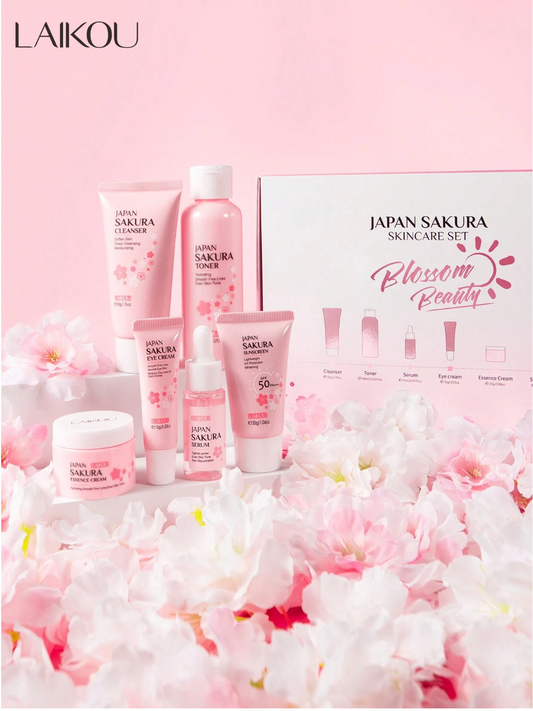 Blossom Beauty Delight: Luxurious Japanese Cherry Blossom Skincare Set of 6 - Unveil Radiant Skin with Essence, Cream, Cleanser, Eye Cream, Toner, and Sunscreen. The Ultimate Moisturizing, Nourishing, and Hydrating Gift for Valentine's Day and Christmas!