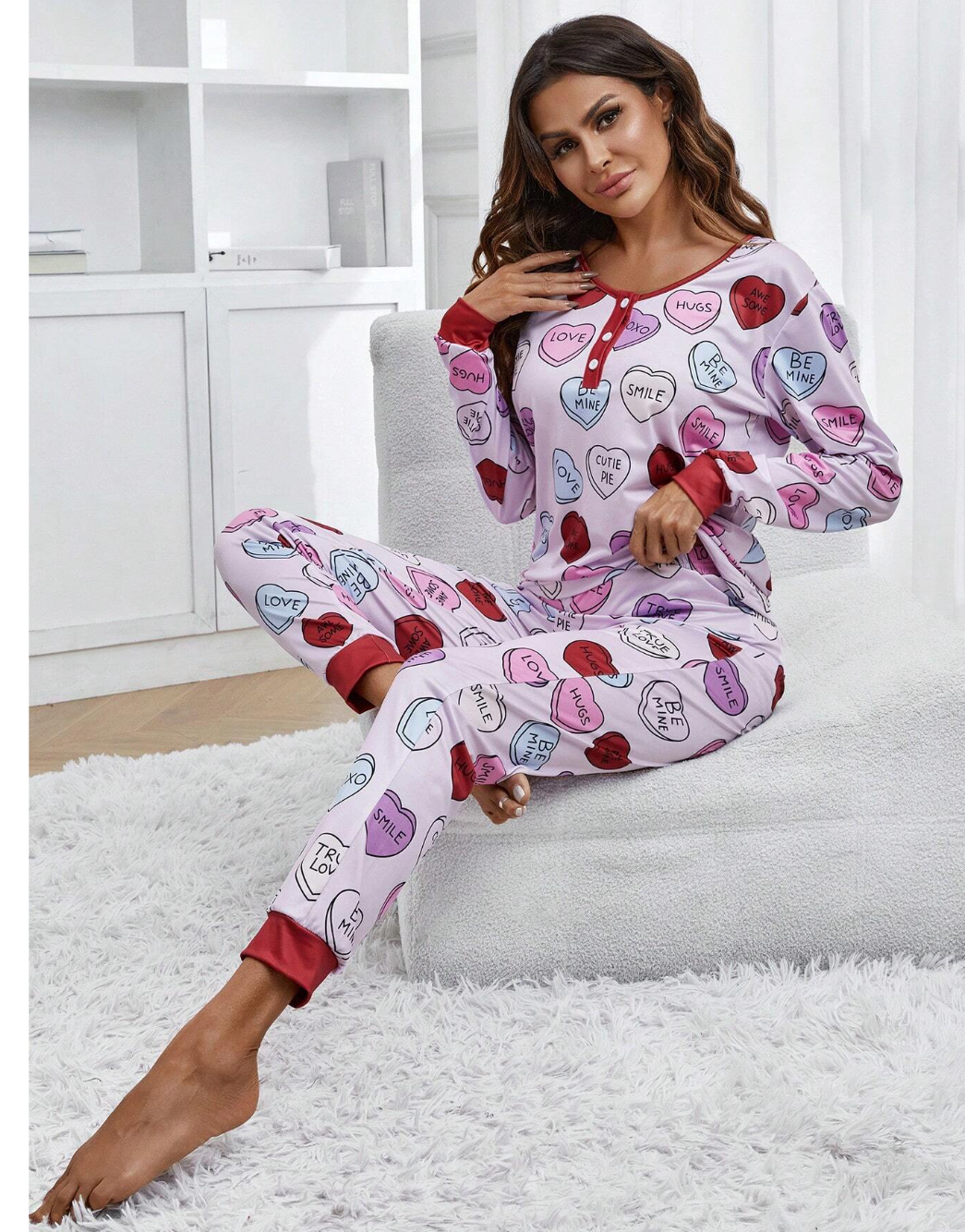 Heartfelt Dreams: Women's Letter & Heart Printed Pajama Set