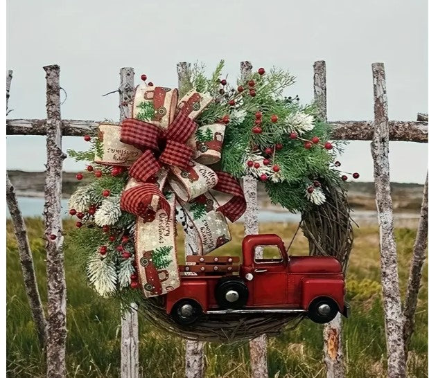 "Rustic Charm: Red Truck Rattan Circle Christmas Wreath - Festive Door Decoration"