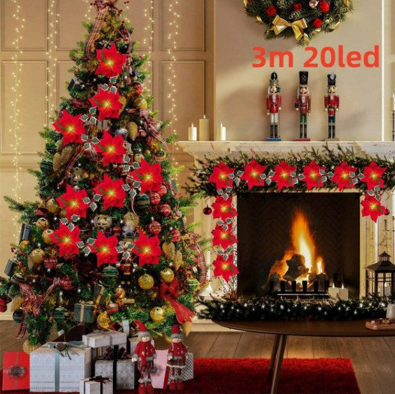 Radiant Christmas Poinsettia Garland: Lighted Artificial Garlands with Red Flowers and Battery-Operated Timer String Lights! Illuminate Your Home with Festive Xmas and New Year's Cheer