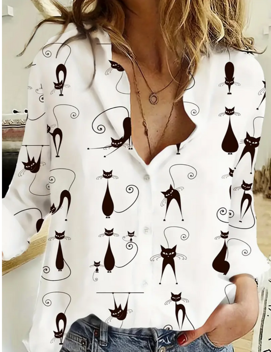 Feline Fashion Delight: Plus Size Casual Blouse – Women's Plus Allover Cartoon Cat Print Long Sleeve Button Up Turn Down Collar Shirt Top