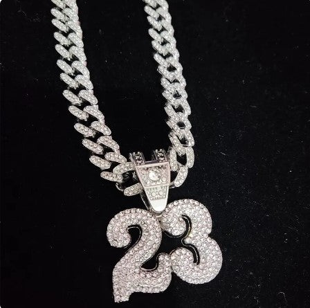 Show-Stopping Bling: Hip Hop Number 23 Crystal Pendant Necklace on Cuban Chain for Men and Women, Fashion Charm Jewelry