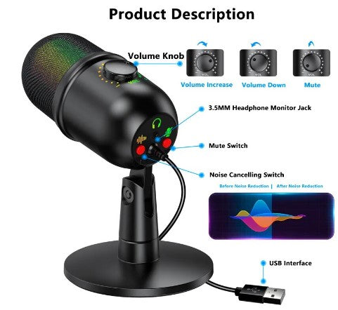 Crystal Clear USB Condenser Microphone: Mute, Noise Reduction, Ear Return Function - Ideal Gaming Mic for PC, Computer, Laptop, and Video Recording!