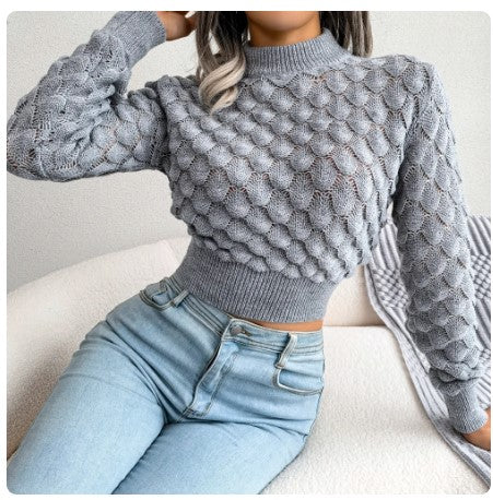 "Chic Cutouts: Long Sleeve Knitted Pullover - Casual Crop Top Sweater for Women"