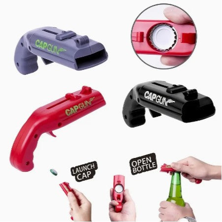 Pop, Fizz, Click! Unveiling the 1pc Playful Cap Gun Bottle Opener with Corkscrew - Your Essential Home Bar and Party Sidekick!