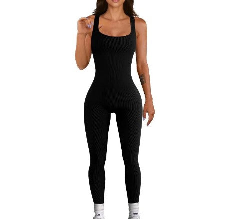 "EmpowerFit: Women's Round Neck Hip-Lifting Jumpsuit - Abdominal Control for Dance, Fitness, and Outdoor Stretch Sportswear"