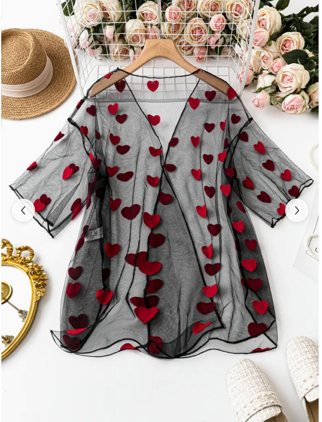 Curves and Cupid's Charm: Plus Size Cute Valentine's Day Kimono – Women's Heart Embroidered Mesh Magic for Beach Bliss!