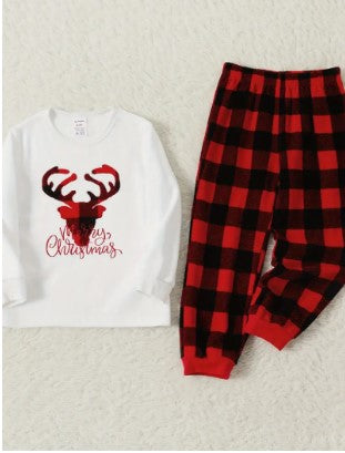 "Cozy Christmas Reindeer: Matching Thickened Polar Fleece Pajama Sets with Embroidered Deer & Letters for the Kids