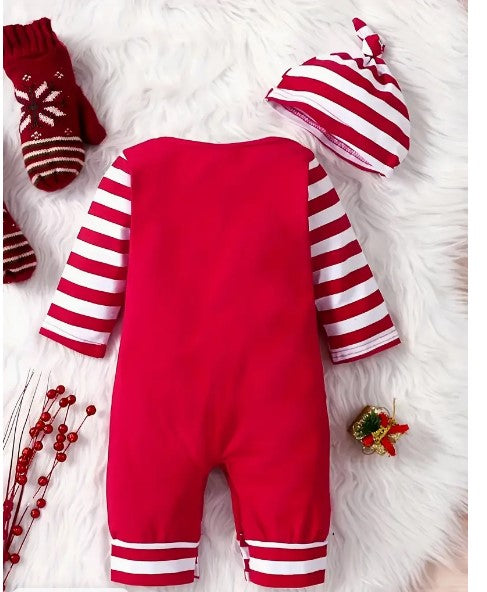 My First Christmas Striped Romper Climbing Suit + Hat - Trending European & American Baby Girl's Clothing Set!"