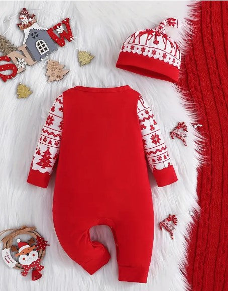 Reindeer-Lettered Toddler Jumpsuit & Hat Set - Christmas Cuties for Kid's Party Casuals!"