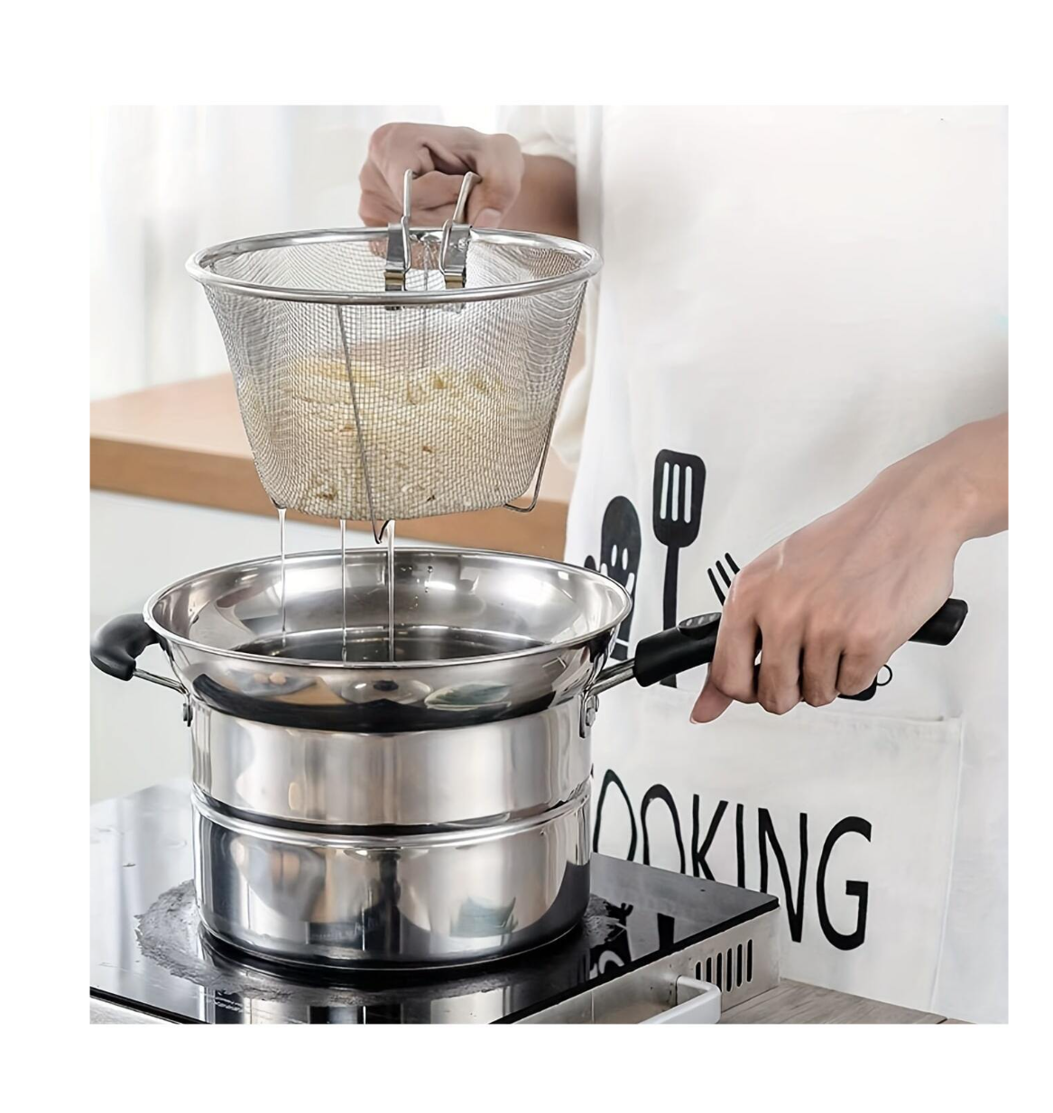 Master the Art of Crispy Delights: Stainless Steel Kitchen Deep Frying Basket with Fine Mesh Spider Strainer – Your Culinary Wingman for Perfectly Fried Chicken, Dumplings, Noodles, and More!