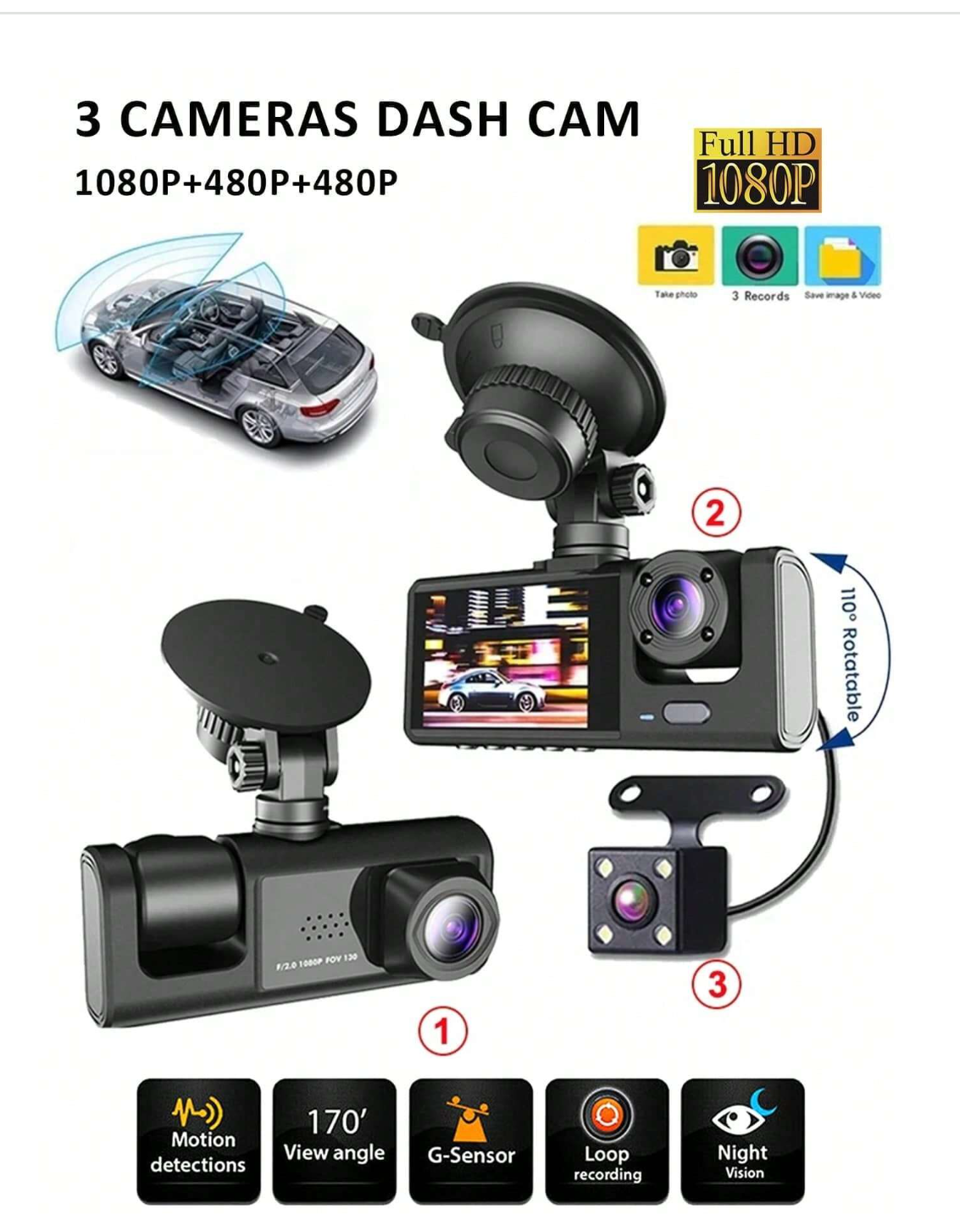 Dash Cam Front and Rear Inside 3 Camera Car DVR Black Box 1080P Cabin Dash Camera Three Way Camera