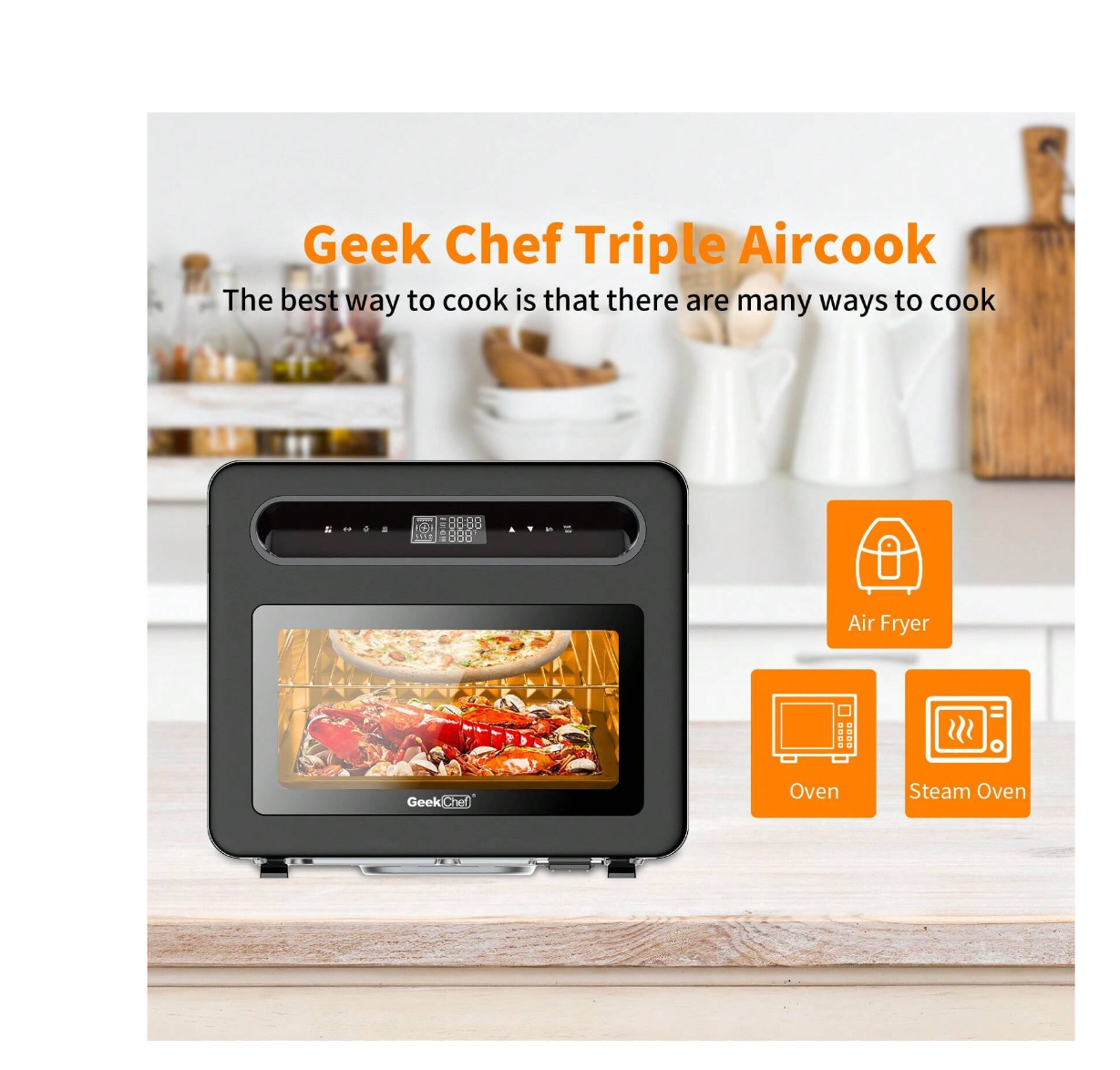Revolutionize Your Kitchen: Chef's 26 QT Steam Convection Oven - 50 Presets, 6-Slice Toast, 12" Pizza, Black Stainless Steel Magic!
