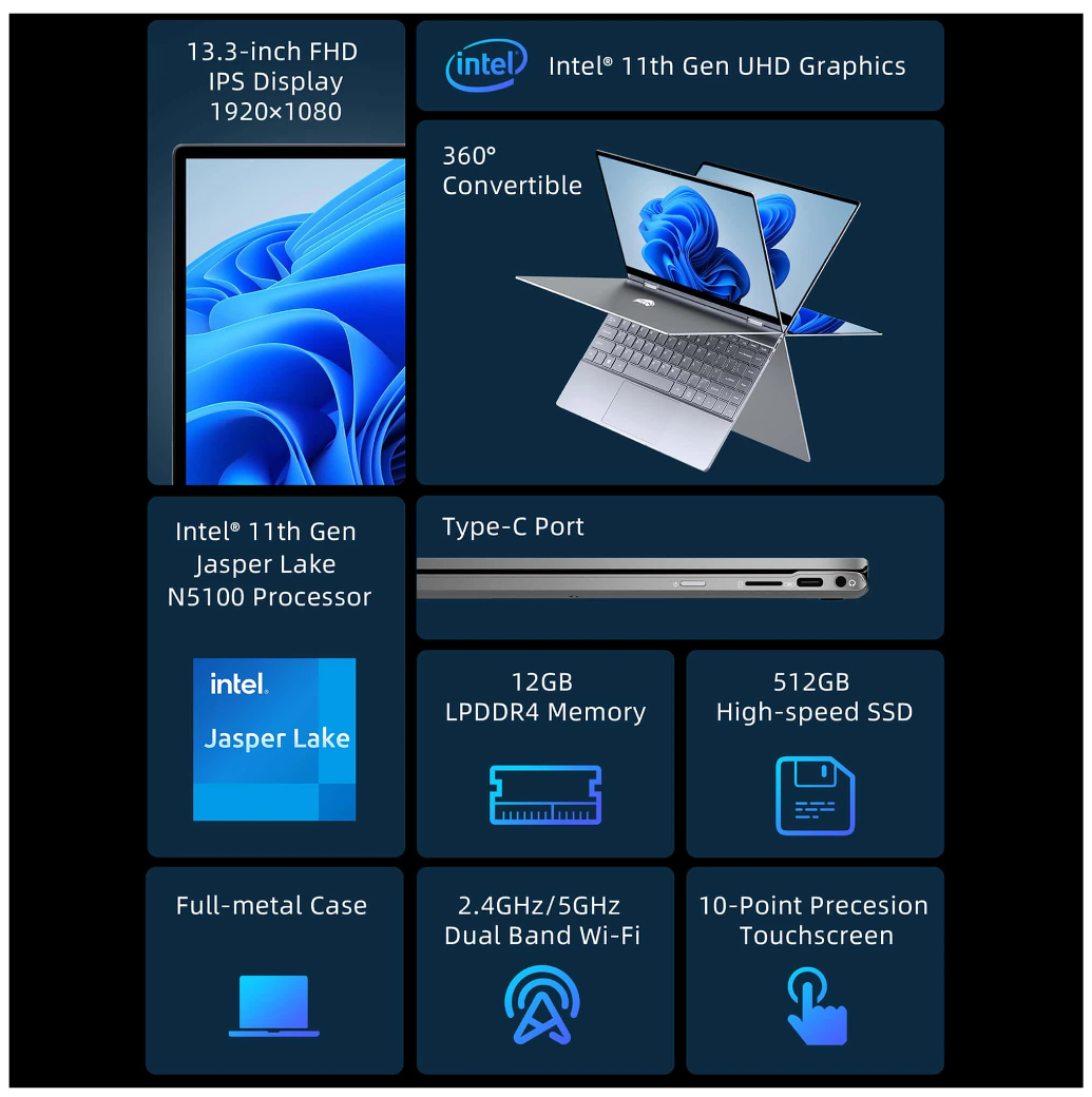 Unleash Brilliance: BMAX Y13 Plus - 12GB RAM, 512GB SSD, Intel N5100, 13.3" FHD Touchscreen, 360°C Convertible Thin & Light Laptop with USB Type-C!