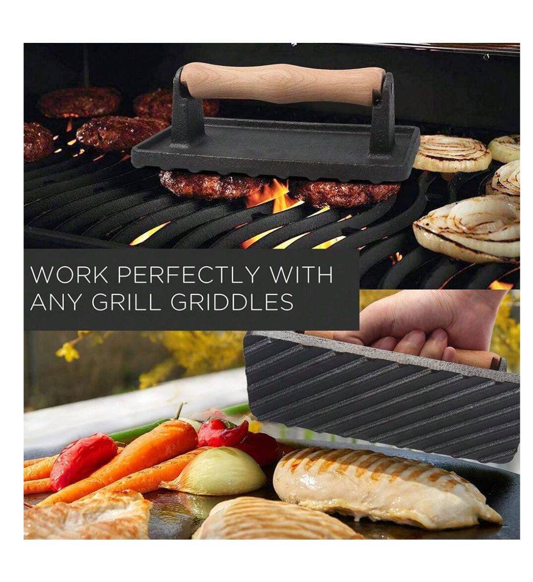 Sizzle and Press: Master the Grill with our Cast Iron Burger and Bacon Press - Your Griddle's Best Companion!