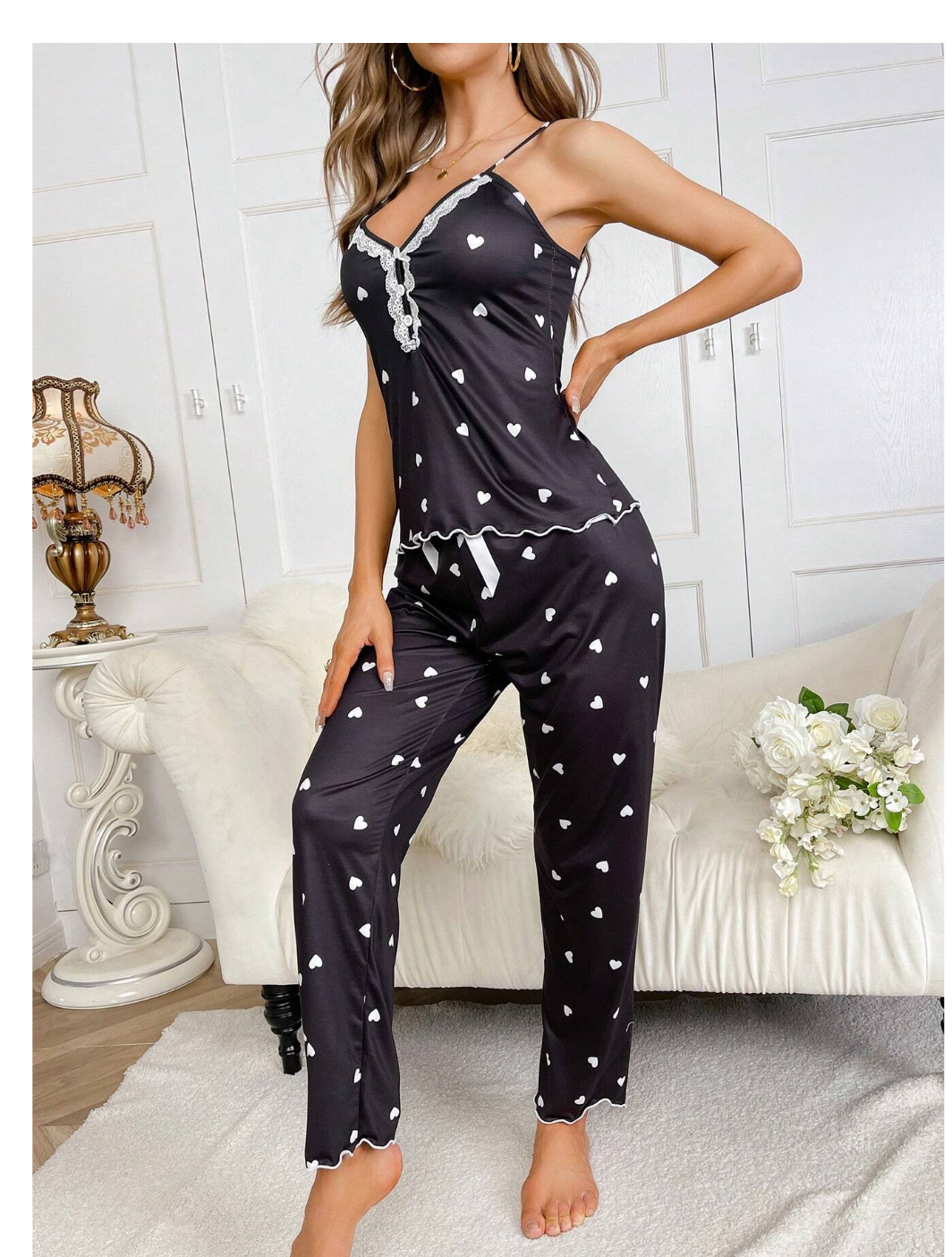 Sweet Dreams: Heart Print Delight with Contrast Lace and Bow Front Cami PJ Set.