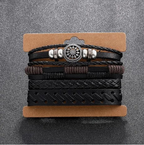 Vintage Verve: 4Pcs/set Fashionable Leather Woven Handmade Bracelet - Elevate Your Style with Men's Charm Bracelets