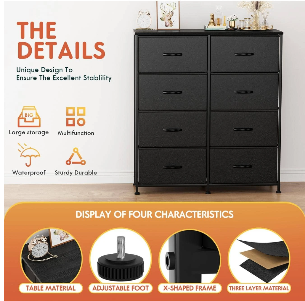 Chic Organization Bliss: Furmax Fabric Dresser - 8 Drawer Tall Tower with Stylish Fabric Bins for Bedroom, Closet, and Beyond in Sleek Black Design!