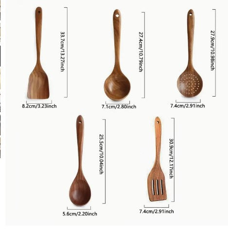 "Nature's Culinary Charm: 5-Piece Teak Wooden Utensil Set for Kitchen - Cooking Spoons, Turners, and Skimmers"