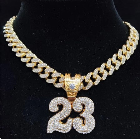 Show-Stopping Bling: Hip Hop Number 23 Crystal Pendant Necklace on Cuban Chain for Men and Women, Fashion Charm Jewelry