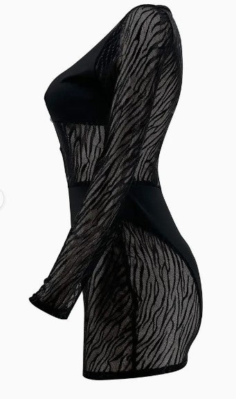 "Wild Elegance: Zebra Print Mesh Patchwork Bodycon Club Mini Dress"