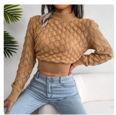 "Chic Cutouts: Long Sleeve Knitted Pullover - Casual Crop Top Sweater for Women"