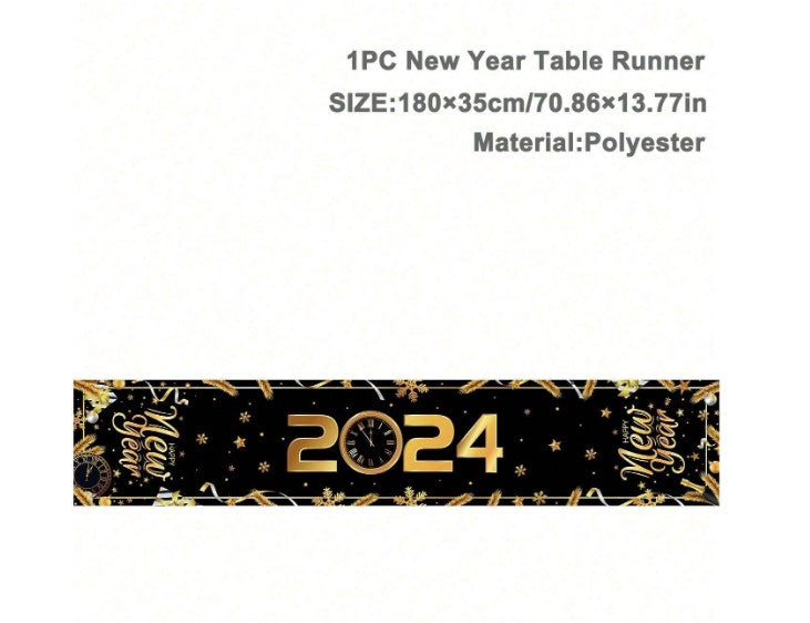 Chic Elegance: Black Gold Happy New Year Table Runner - Elevate Your 2024 Party Décor with Stylish Sophistication