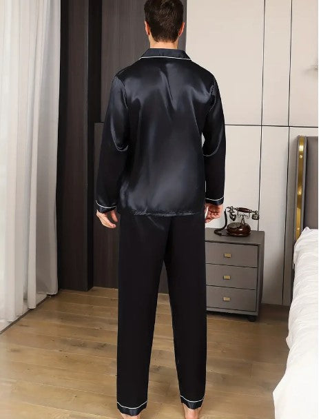 "Every Season Elegance: Men's Ice Silk Pajama Set - Long Sleeve Shirt & Pants, Versatile Lounge Wear in New 2023 Style"