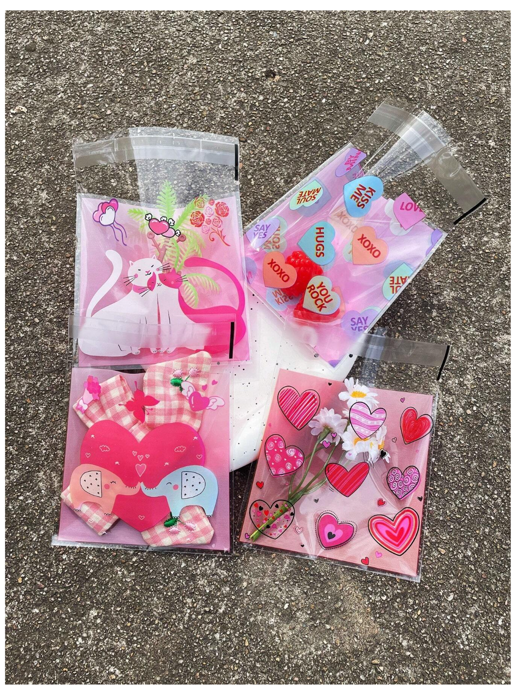 Whimsical Love Packages: 100pcs Romantic Pink Heart Printed Self-Sealing Opp Bags with Cute Pink Elephant & Cat Print – Ideal for Couples, Weddings, and Valentine's Day Celebrations!