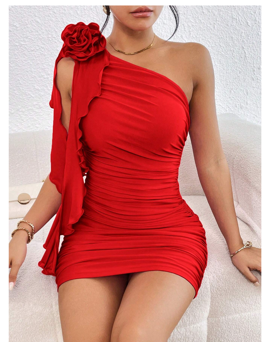 Glamour Unleashed: Privé One Shoulder Ruched Ruffle Trim 3D Rosette Bodycon Dress.