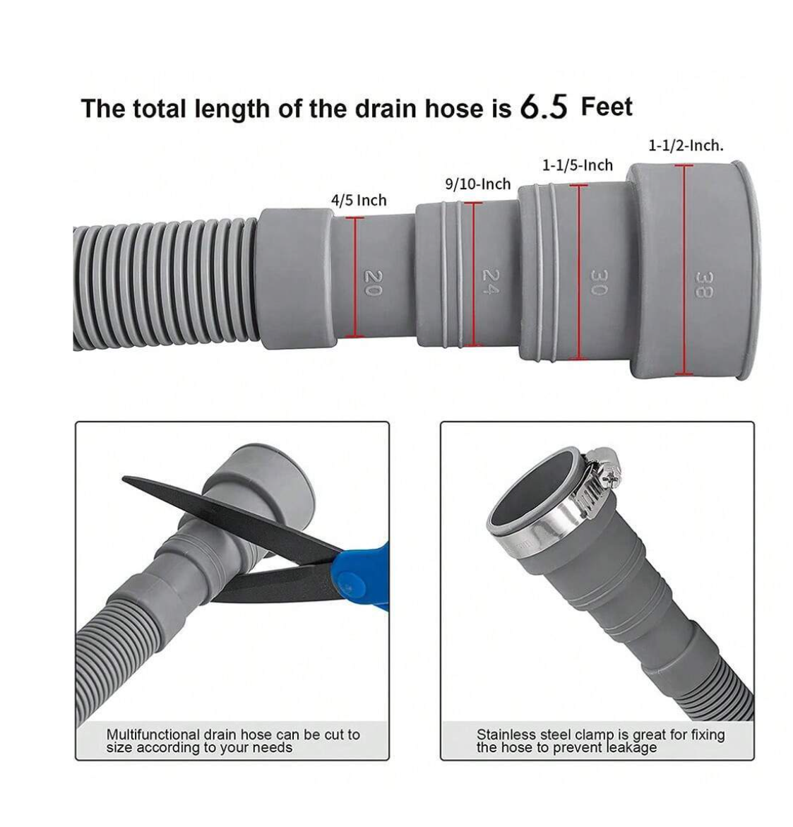 FlowGuard™: 6.5 Ft Universal Washing Machine Drain Hose – Your Corrugated & Flexible Solution with Secure Clamp!