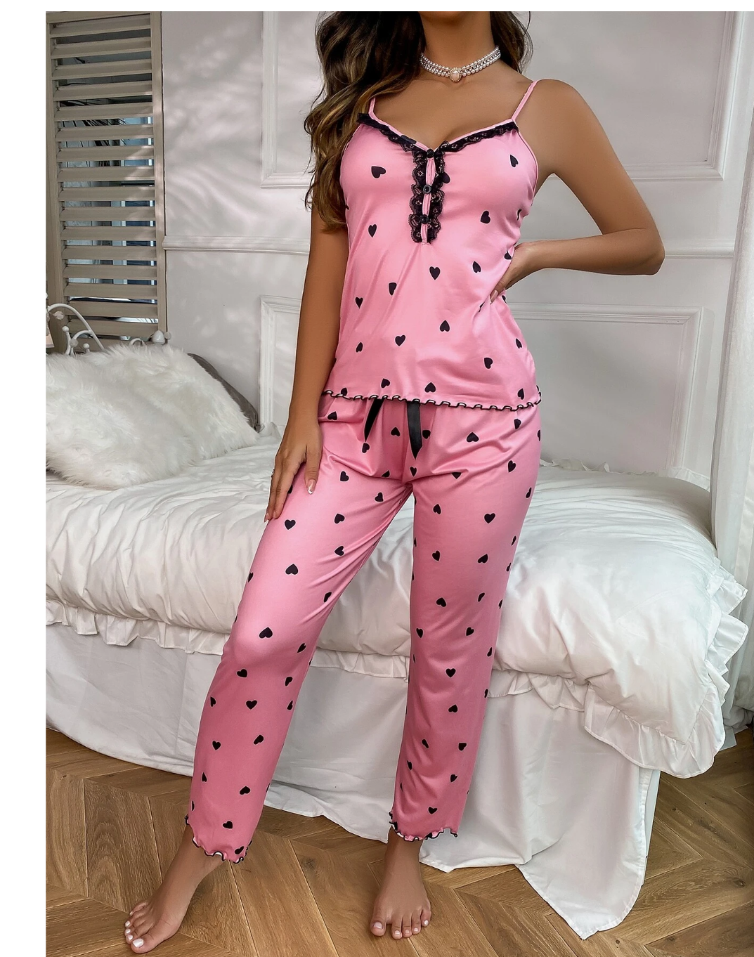 Sweet Dreams: Heart Print Delight with Contrast Lace and Bow Front Cami PJ Set.