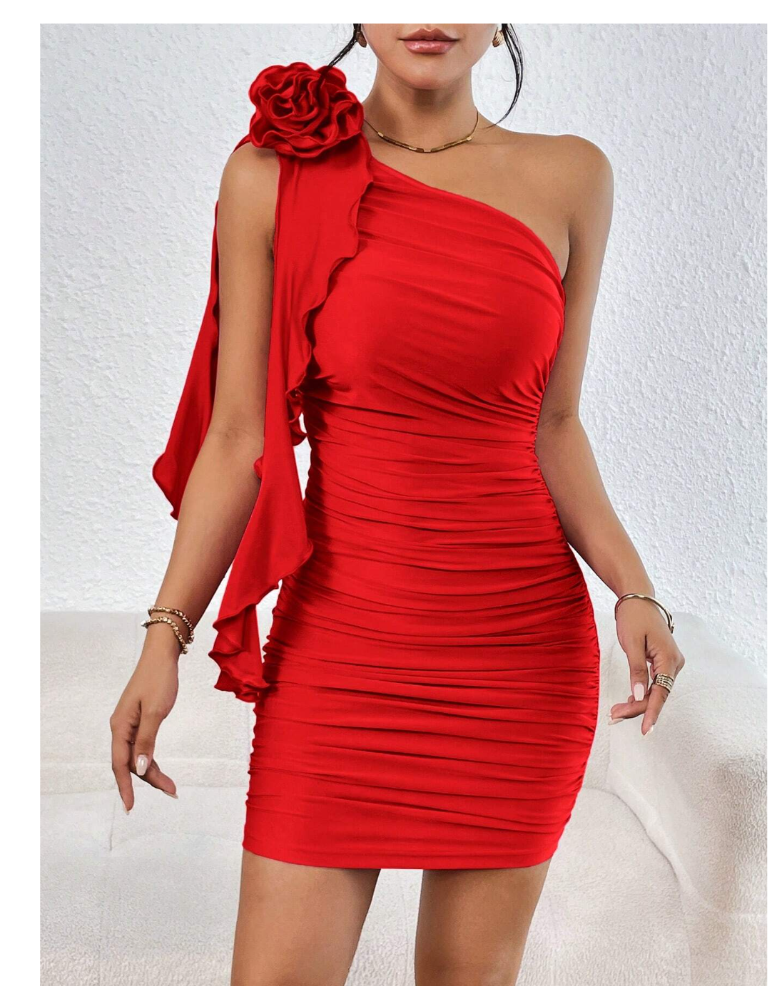 Glamour Unleashed: Privé One Shoulder Ruched Ruffle Trim 3D Rosette Bodycon Dress.