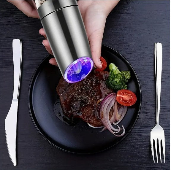 Effortless Seasoning Mastery: Gravity Electric Pepper Grinder Set - Battery-Operated with LED Light, Adjustable Coarseness, Stainless Steel, One-Hand Automatic Operation!"