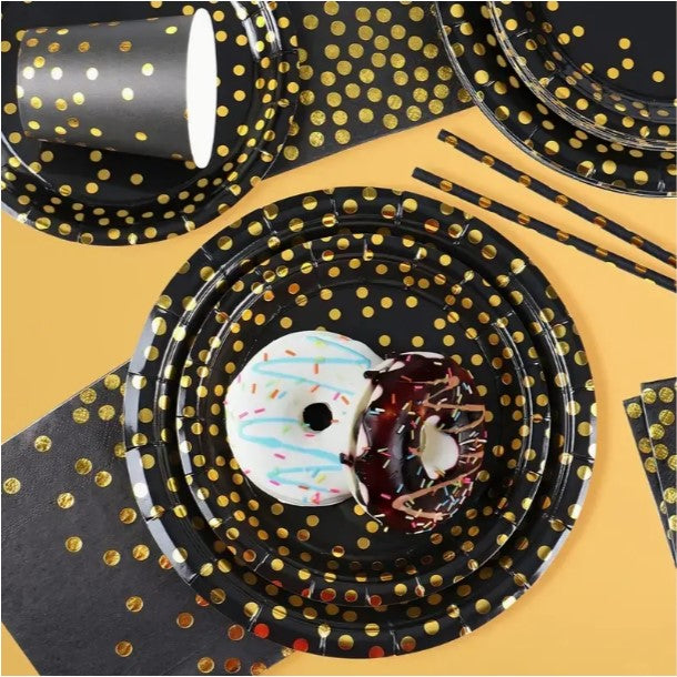 Golden Splendor: 200pcs Polka Dot Tableware Set - Black, Pink, and Blue Theme for Birthday Parties, Complete with Cups, Plates, Straws, and Utensils