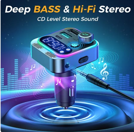 Drive in Style: Bluetooth 5.3 FM Transmitter for Car - Enhanced Dual Mics, Deep Bass Sound, 48W PD & QC3.0 Car Charger Bluetooth Adapter