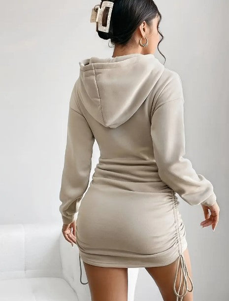 Chic Comfort: Drawstring Hoodie Ruched Dress - Casual Long Sleeve Women's Dress for Stylish Spring & Fall Attire