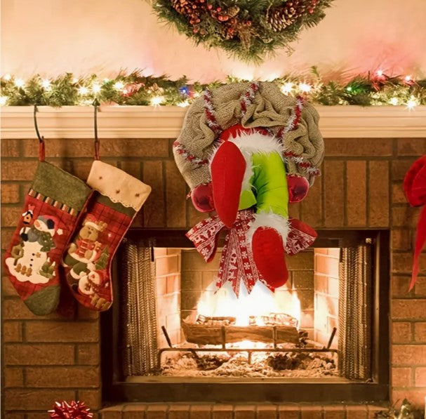 "Whimsical Holiday Intrigue: 17.72-Inch Christmas Thief Elf Leg Burlap Wreath"