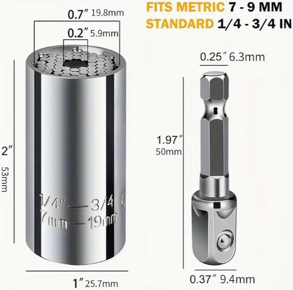 Versatile Power Duo: 2pcs Universal Socket Wrench Set - Professional 7-19mm Sockets with Portable Multi-function Hand Tool Kit, Includes Power Drill & Ratchet Wrench Adapter in Durable Chrome Steel