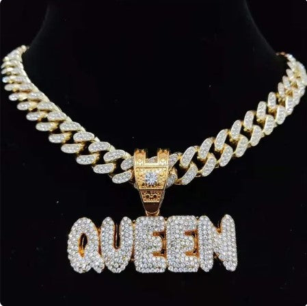 Regal Bling Royalty: KING QUEEN Letter Pendant Necklace on Miami Cuban Chain, Iced Out HipHop Necklaces for Men and Women, Fashion Jewelry