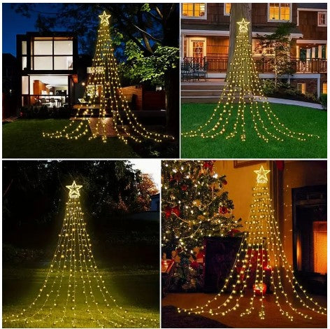 "Solar Magic: 1pc LED Pentagram Waterfall Light for Colorful Outdoor Patio and Christmas Tree Decoration"
