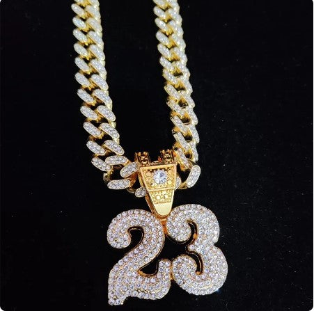 Show-Stopping Bling: Hip Hop Number 23 Crystal Pendant Necklace on Cuban Chain for Men and Women, Fashion Charm Jewelry