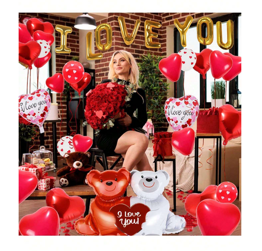 Love in the Air: 55 Valentine's Day Balloons & 1000 Silk Rose Petals Pack - "I Love You" Balloons, Heart-Shaped Delights, and Love Bears for Ultimate Romantic Decor at Anniversaries, Valentine's Day, and Special Parties!