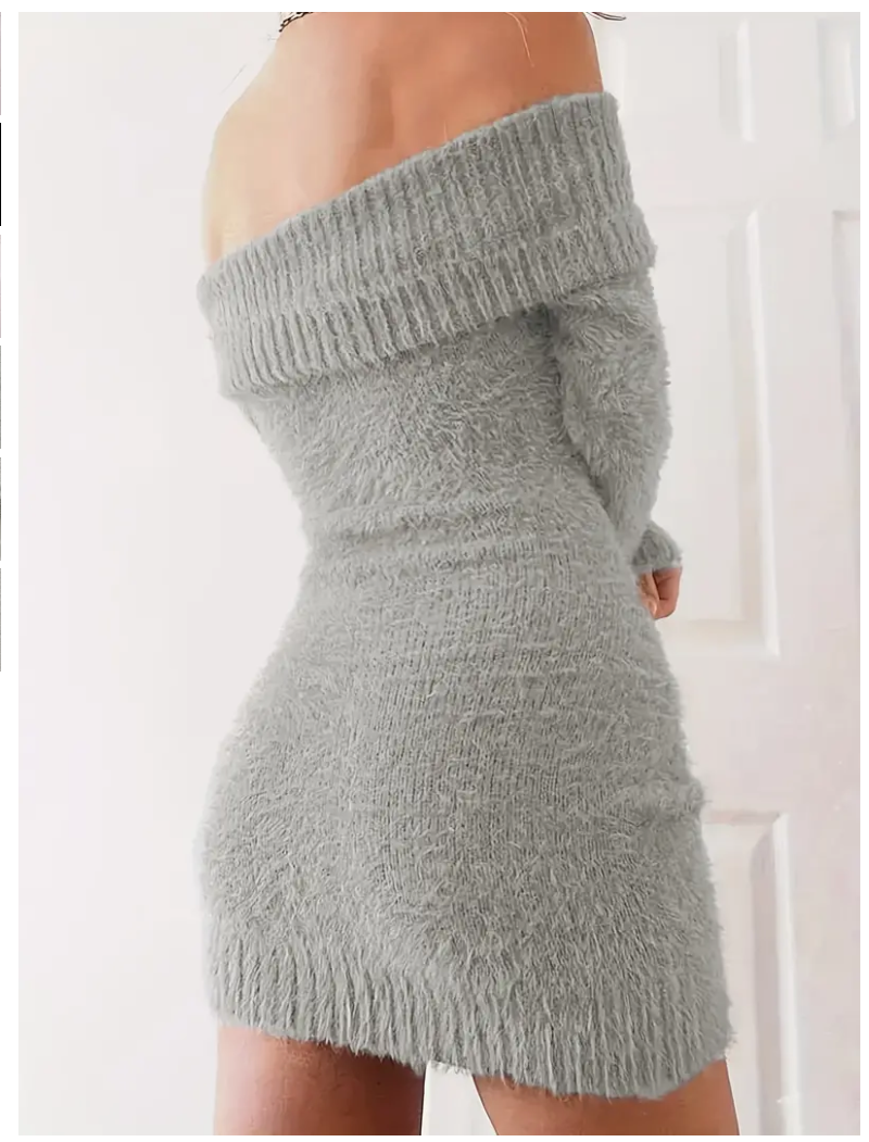 Fuzzy & Fabulous: Embrace Comfort with our Off-Shoulder Bodycon Dress!